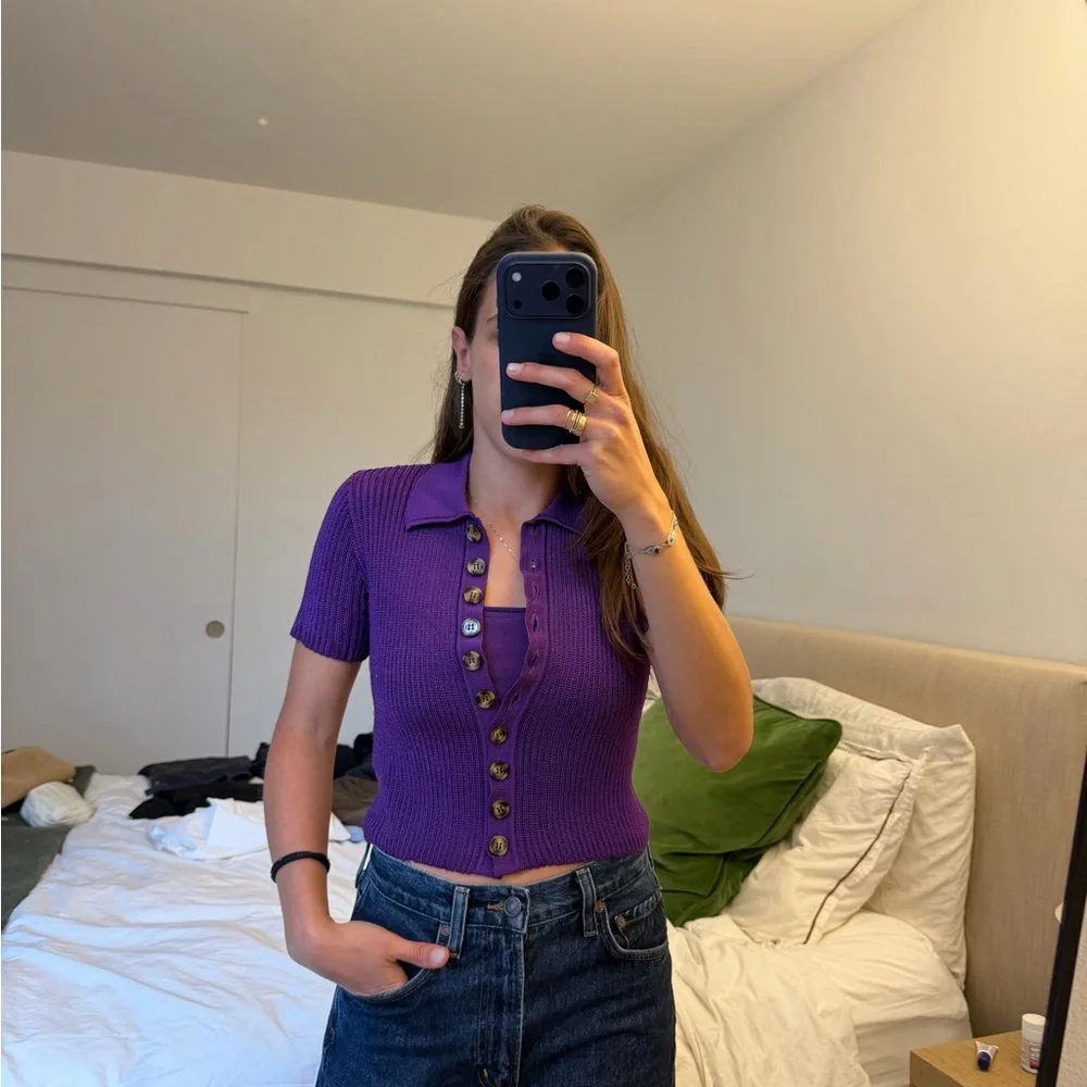 Purple Button-Up Ribbed Top - Picture 2 of 6